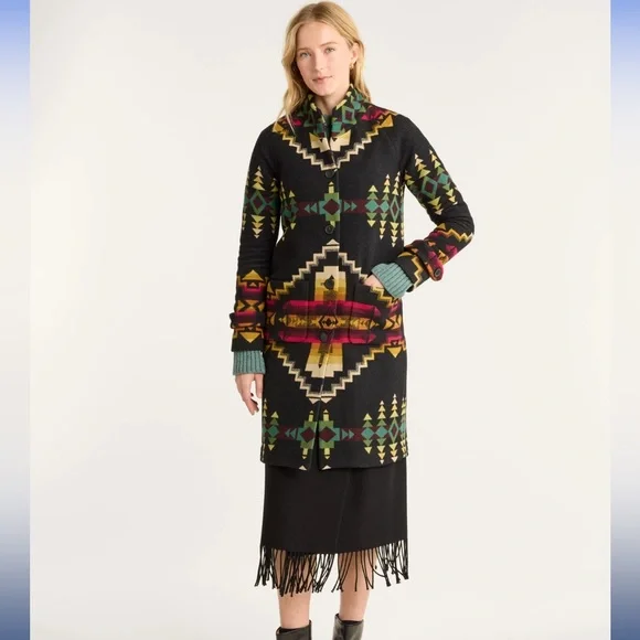 Archive Jacquard Wool Blend Collared Long Sleeve Button Up Coat